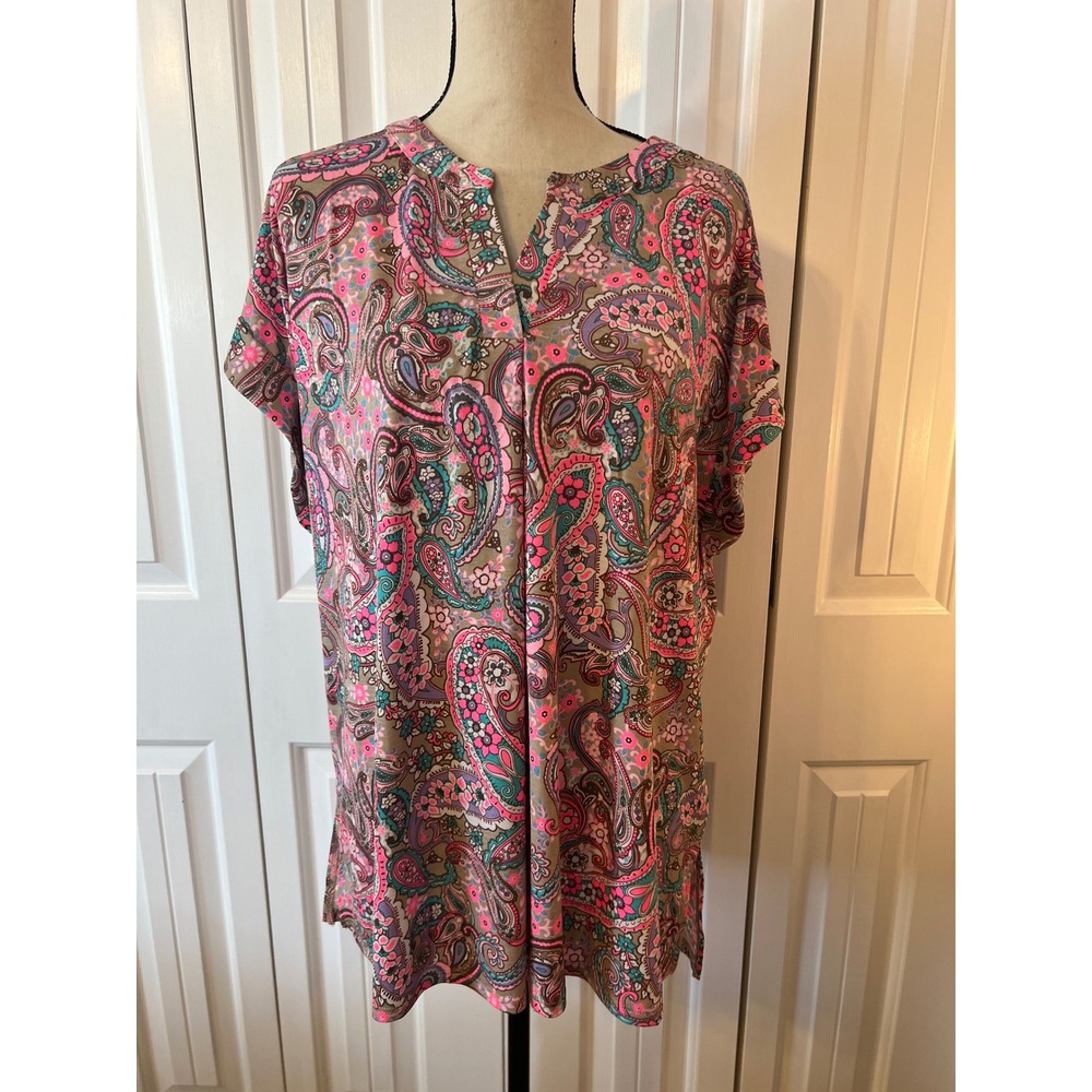 Dear Scarlett Paisley Print Tunic Top XL Pink Teal Short Sleeve LIZSS-C0045P